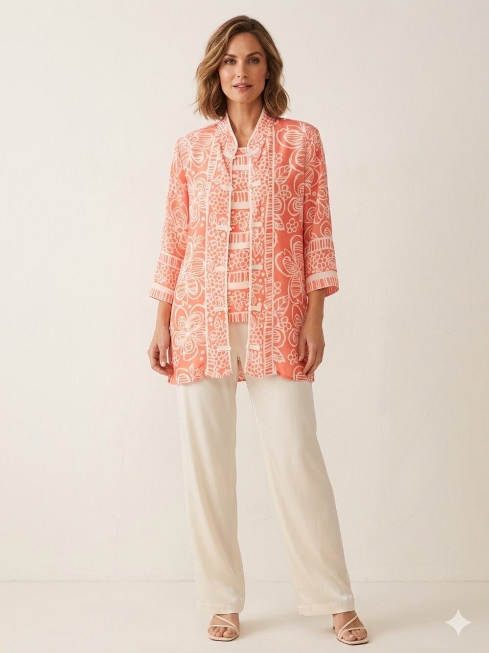 Bob Mackie Wearable Art 100% Silk 2-Pc Tunic Jacket & Tank Top Set Coral Pink M